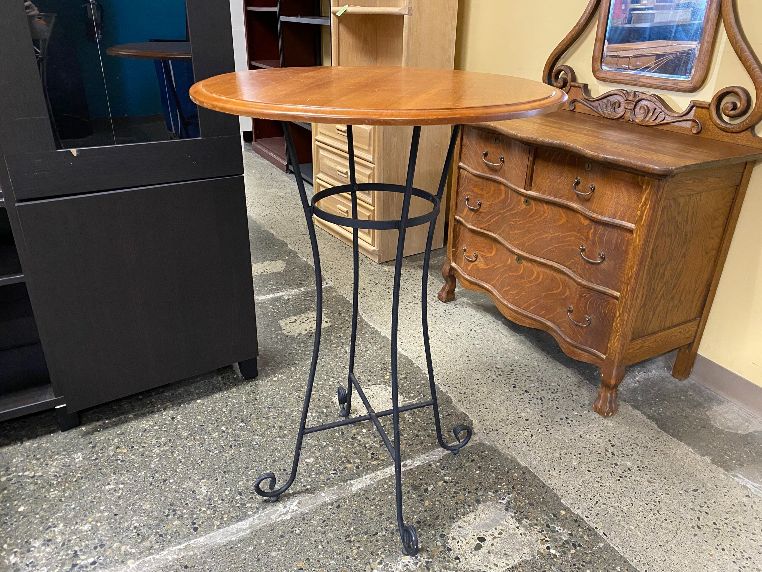 Pine Topped Round Metal Bar Table