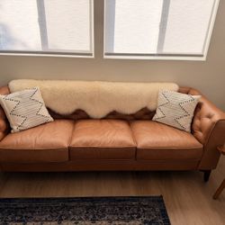 Cognac Tan Leather Sofa – Excellent Condition - Polly & Bark 89”