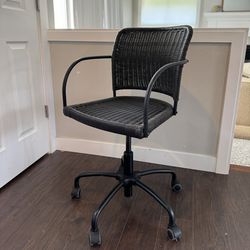Black Rattan Wicker Office Chair Adjustable-height, IKEA Gregor, Swivel Seat Gray Cushion