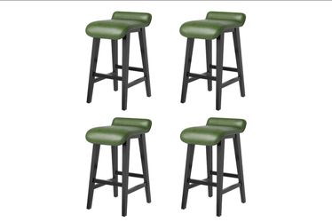 26.2" Bar Stools Set of 4, Modern Upholstered Kitchen Stools with Low Back and Footrest, Green, Counter Height, Wood Legs