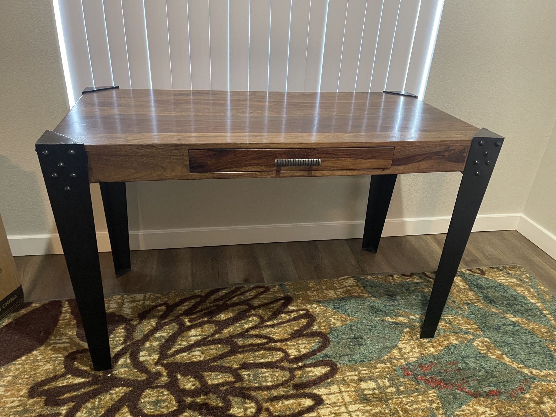 Unique, Black And Brown Wooden Metal Desk Table. 3 Chairs Large Mirror Floor Lamp With Remote 75Th Ave., Beardsley 101 North.