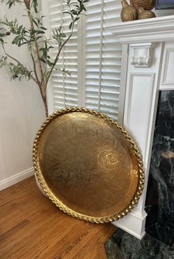 Antique HUGE Solid Moroccan Ornate Etch Brass Tray Wall Hanging Table RARE Centerpiece Art Artwork Collectible Handcrafted MCM Vintage Fine 
