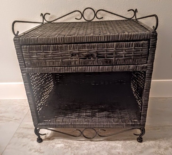 Wicker Nightstand/End Table with Metal Accents