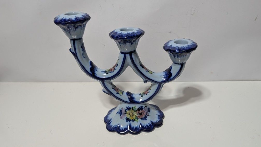 Vintage Portuguese Alcobaça Hand Painted Ceramic 3-Arm Candelabra 8.5" Floral
