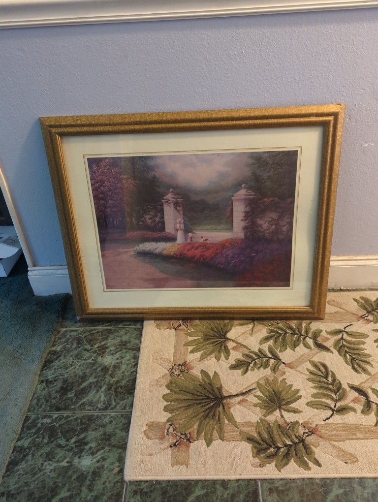 Beautiful Large Picture Frame With Glass And Gold Frame I Have A Lady And A Little Girl And A Doggie Amongst The Flowers
