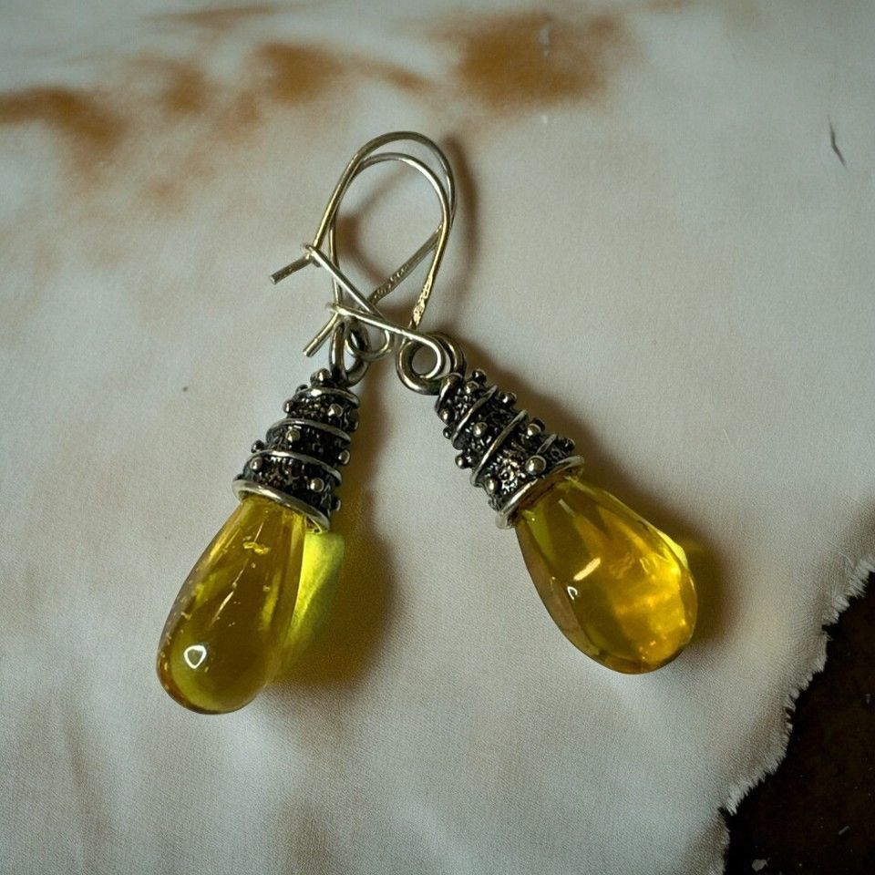 Sterling Silver 925 Women's Yellow Amber Dangle Earrings