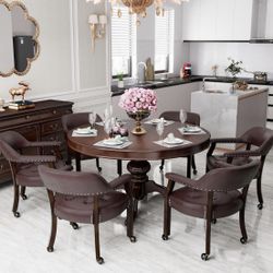 Set Of 6 - Brown PU Leather / Wood Tournament Armchairs / Game Chairs w/ Casters [NEW IN BOX] **Retails for $670 <Assembly Required> 