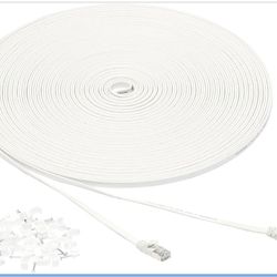 Amazon Basics RJ45 Cat 6 Ethernet Patch Cable, Flat, 600MHz, Snagless, Includes 25 Nails for Printer, 100 Foot, White