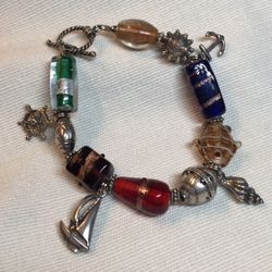 Sterling Silver Nautical Charm and Murano Glass Beaded Summer Beach Bracelet With Toggle Clasp