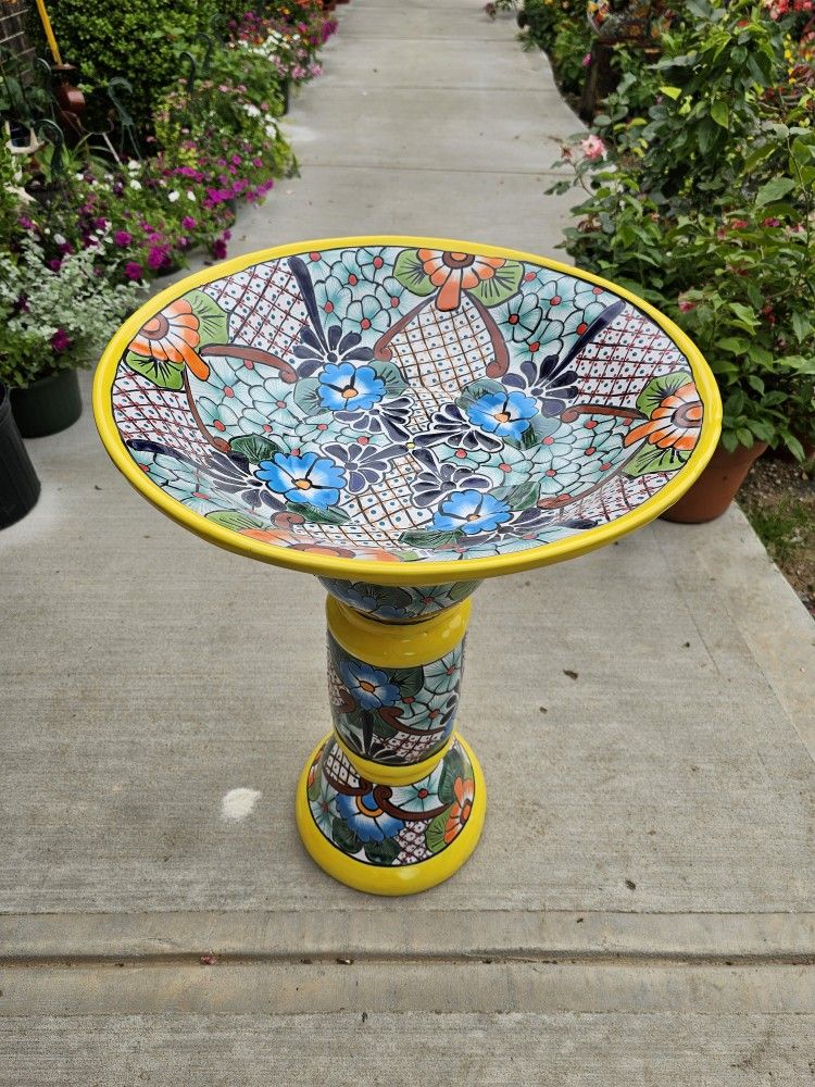 Bright Yellow Rim Talavera Birdbath. Clay Pots, Planters, Pottery, Plants.