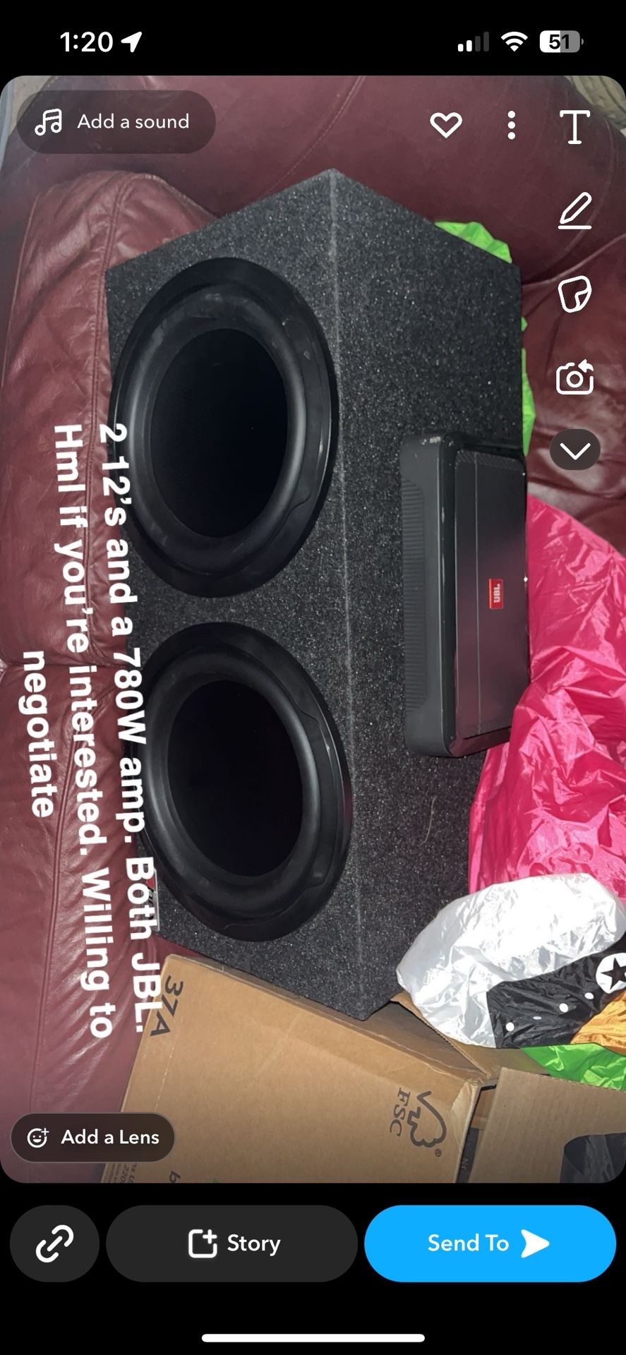 JBL- 780W Amp And 2 12’ Subwoofers Box With Speakers
