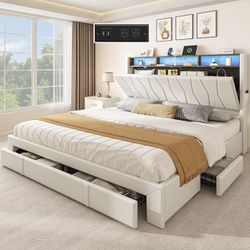 UPHOLSTERED BED FRAME KING SIZE WITH STORAGE DRAWERS AND LED LIGHTING BRAND NEW IN BOX!!!