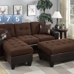 Chocolate Reversable Sectional Sofa 🛋 Set Chaise With Ottoman 