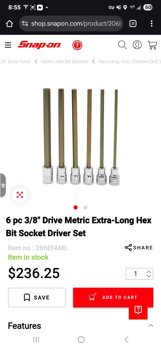 6 pc 3/8" Drive Metric Extra-Long Hex Bit Socket Driver Set
Item no :206EFAML
