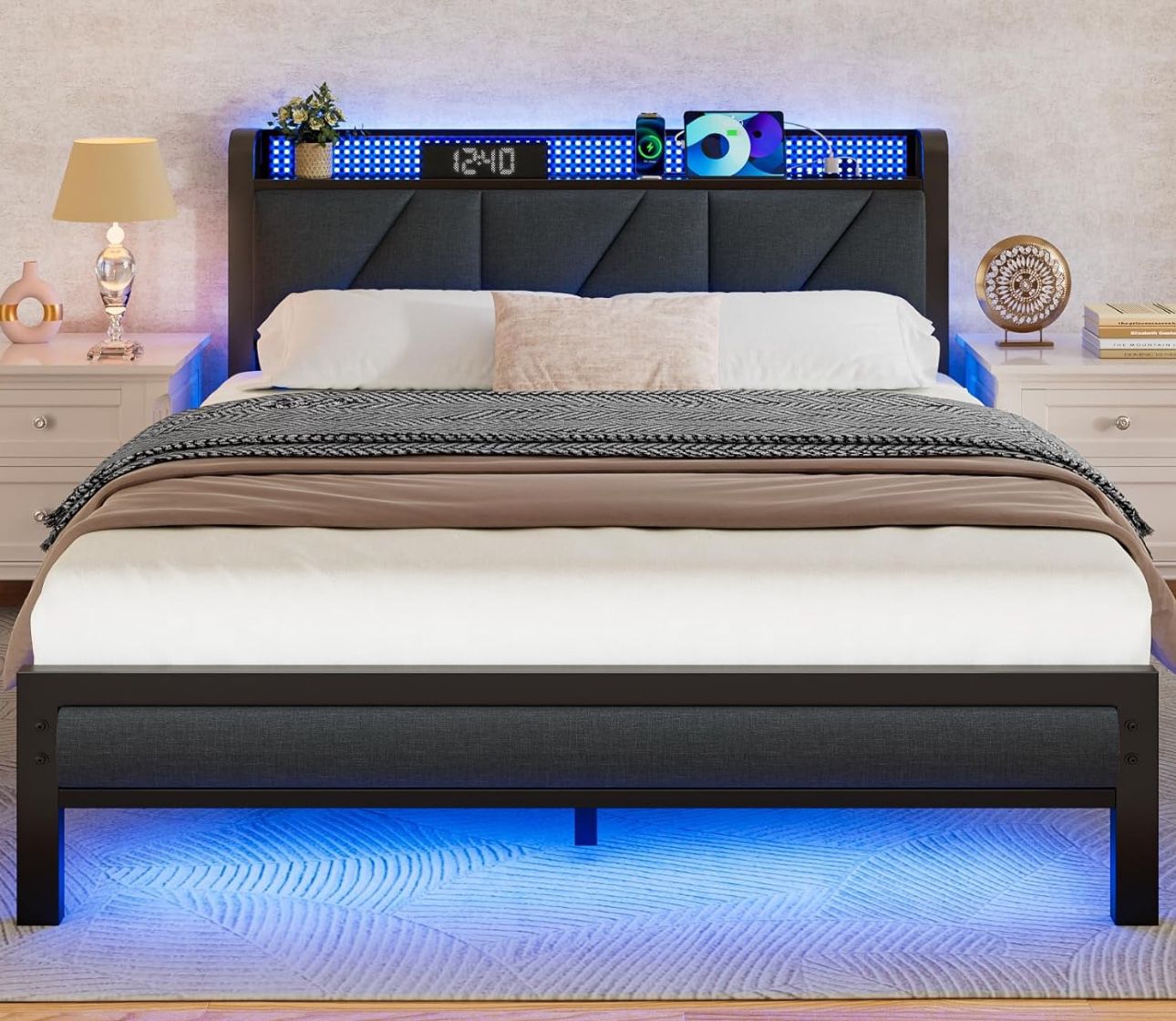 Furnulem Queen Size Bed Frame with Headboard and LED Lights,Upholstered Bedframe with Charging Station and USB Port, Platform Metal Bed Frame,No Box S
