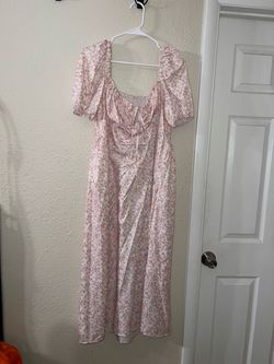 Pink Floral Puff Sleeve Midi Dress