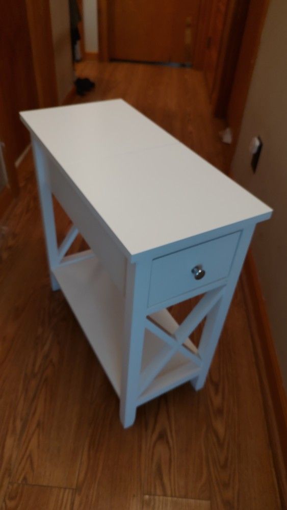 Adorable White End Table With Flip Top Cubby And Drawer