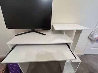 White Computer Desk with Shelves and Keyboard Tray