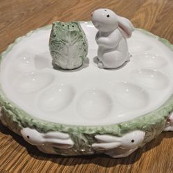 Ceramic Egg Plate with Bunny and Cabbage Salt/pepper Shakers