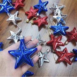 24 Pieces Hanging Star Ornaments,4th of July Patriotic Day Hanging Star Decorations Christmas Star Ornament,for Indoor Outdoor Party Decor DIY Craft, 