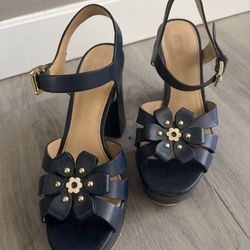 Michael Kors Navy Blue Leather Platform Sandals Flower Chunky Heel Size 6.5