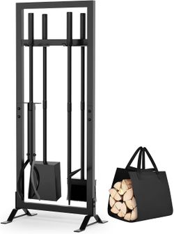 6 Piece BRAND NEW Fireside Accessory Set Featuring a Wood Carrier