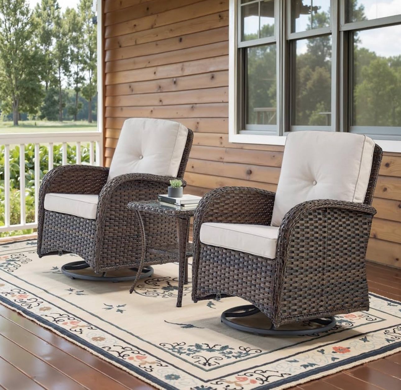 Patio Wicker Chairs Swivel Rocker - Outdoor Swivel Rocking Chairs Set of 2 with Rattan Side Table
