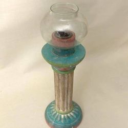 Vintage Carved Wood Multicolored Hand Painted Candlestick Holder Boho Retro Chic Decor Made In Thailand
