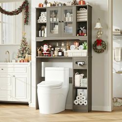 Over The Toilet Storage Cabinet, Over Toilet Bathroom Organizer with 2 Glass Doors & Paper Holder, Bathroom Shelves Over Toilet with Adjustable Shelve