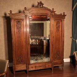 19th C Louis XVI French Walnut Wood Antique Triple Mirrored Armoire Hutch