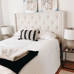 Queen Beige Tuffed Headboard, Mattress And Box spring.   