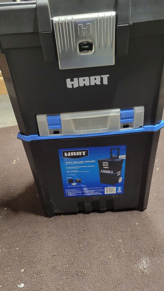 HART 3-in-1 16-inch Rolling Plastic Tool Box in black and blue.