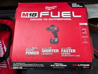 Brand new M18 FUEL 18V Lithium-Ion Brushless Cordless 1/2 in. Drill/Driver Kit W/(2) 5.0Ah Batteries, Charger, and Hard Case
