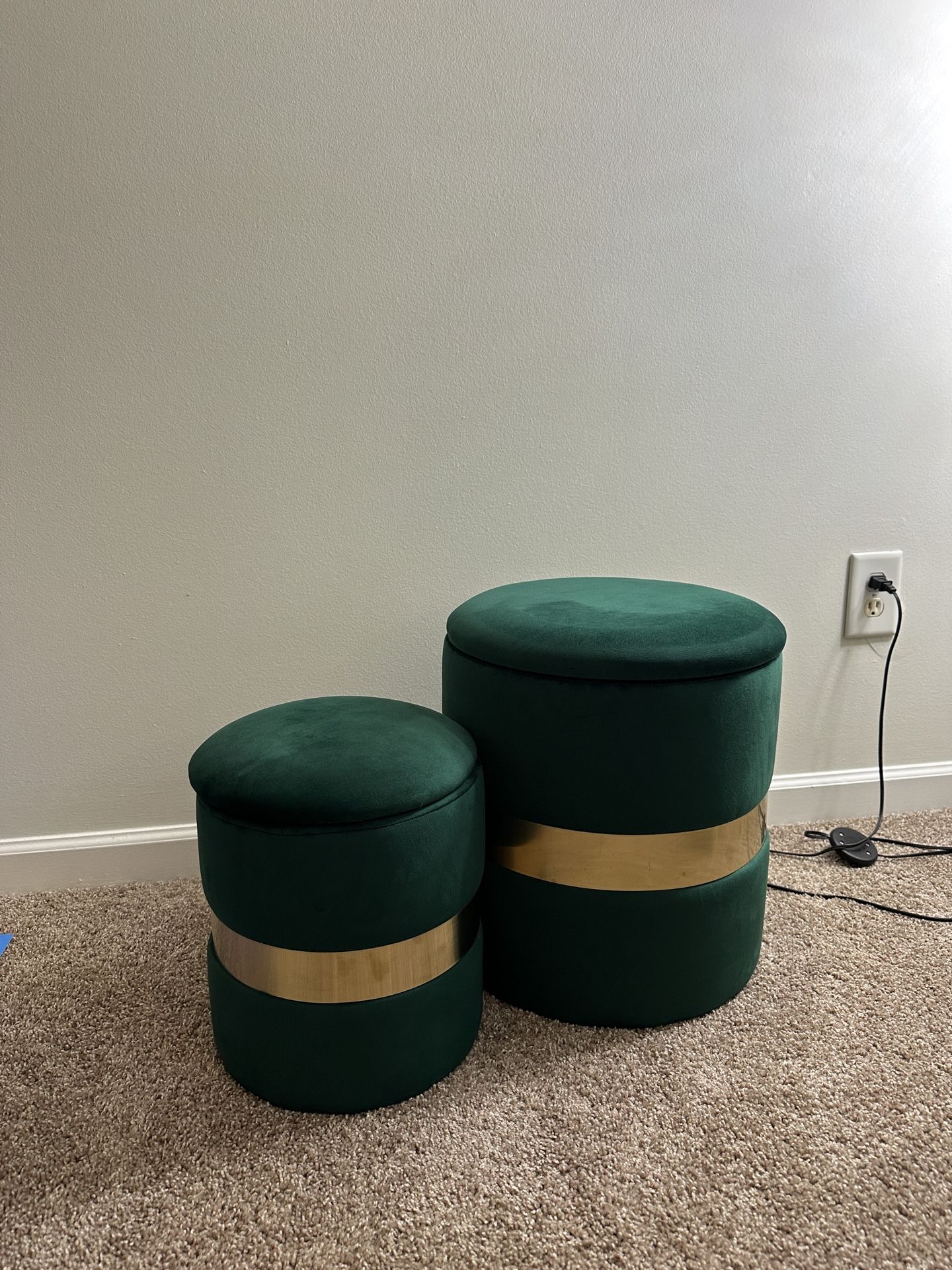Adeco Set of 2 Velvet Storage Ottoman Round Foot Stool Metal Band - Velvet-Dark-Green