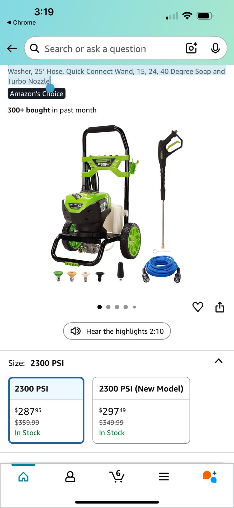 Greenworks 2300 PSI TruBrushless (2.3 GPM) Electric Pressure Washer, 25’ Hose, Quick Connect Wand, 15, 24, 40 Degree Soap and Turbo Nozzle