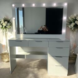 Lager Makeup Vanity with Hollywood Lights Built-in, 6 Drawers, Wide Hollywood Mirror, Glam Glass Top, White