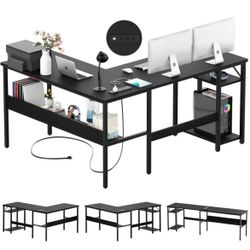 Reversible L Shaped Computer Desk With Magic Power Outlet Shape Gaming Table