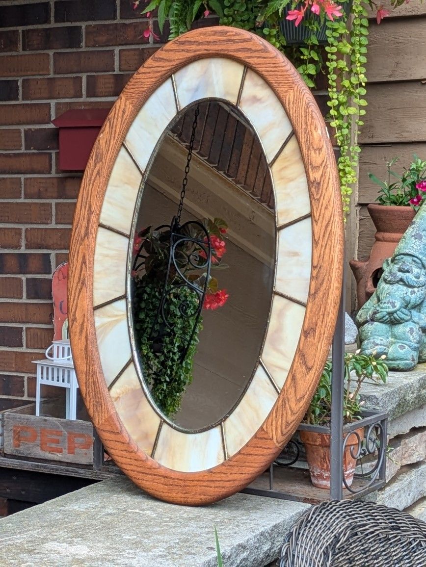 Vintage Leaded Stain Glass Oval Mirror With Wood Frame