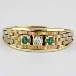 14k Tri-tone Gold Emeralds & Diamond Basketweave Ring 