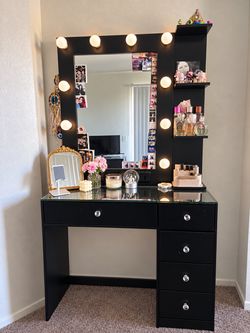 Black Hollywood Vanity Desk with Lighted Mirror