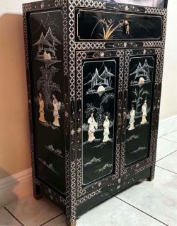 Vintage Oriental Black Lacquer Cabinet 24”Lx12”Wx36”H
