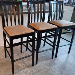 Black Barstool Chairs, Tan Suede Fabric, Wooden Frame, Set of 3, Bar Table, Pub Table, Kitchen Island, 29" Seat Height 