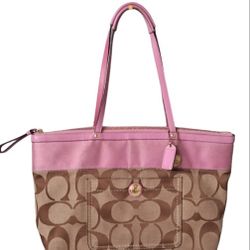 Coach Pink And Brown Signature Canvas Tote