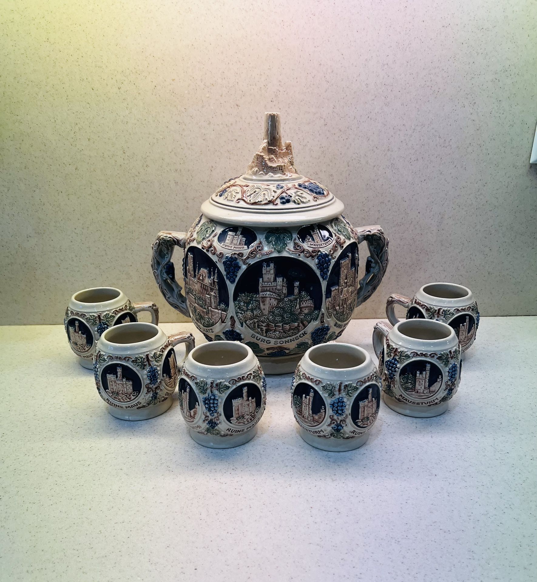 VTG: Gerz German Castle 6 Mugs Punch Bowl Stoneware Set 