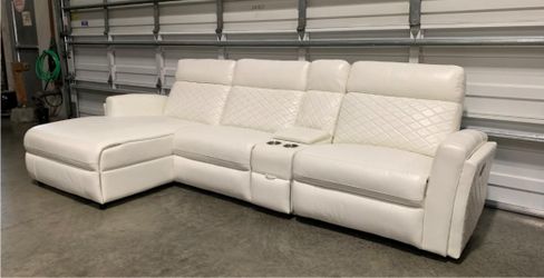 Brand New White Leather Sectional With Storage Compartments Built In Cup Holders & A Push Back Chaise