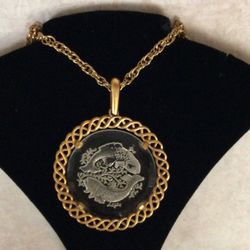Crown Trifari Necklace - Reverse Carved Pisces Zodiac Pendant - Gold Tone (20” Chain Included)