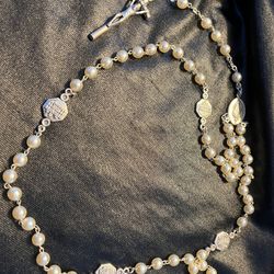 Made In Italy Faux Pearl Rosary Silver Tone Crucifix Catholic Prayer Beads