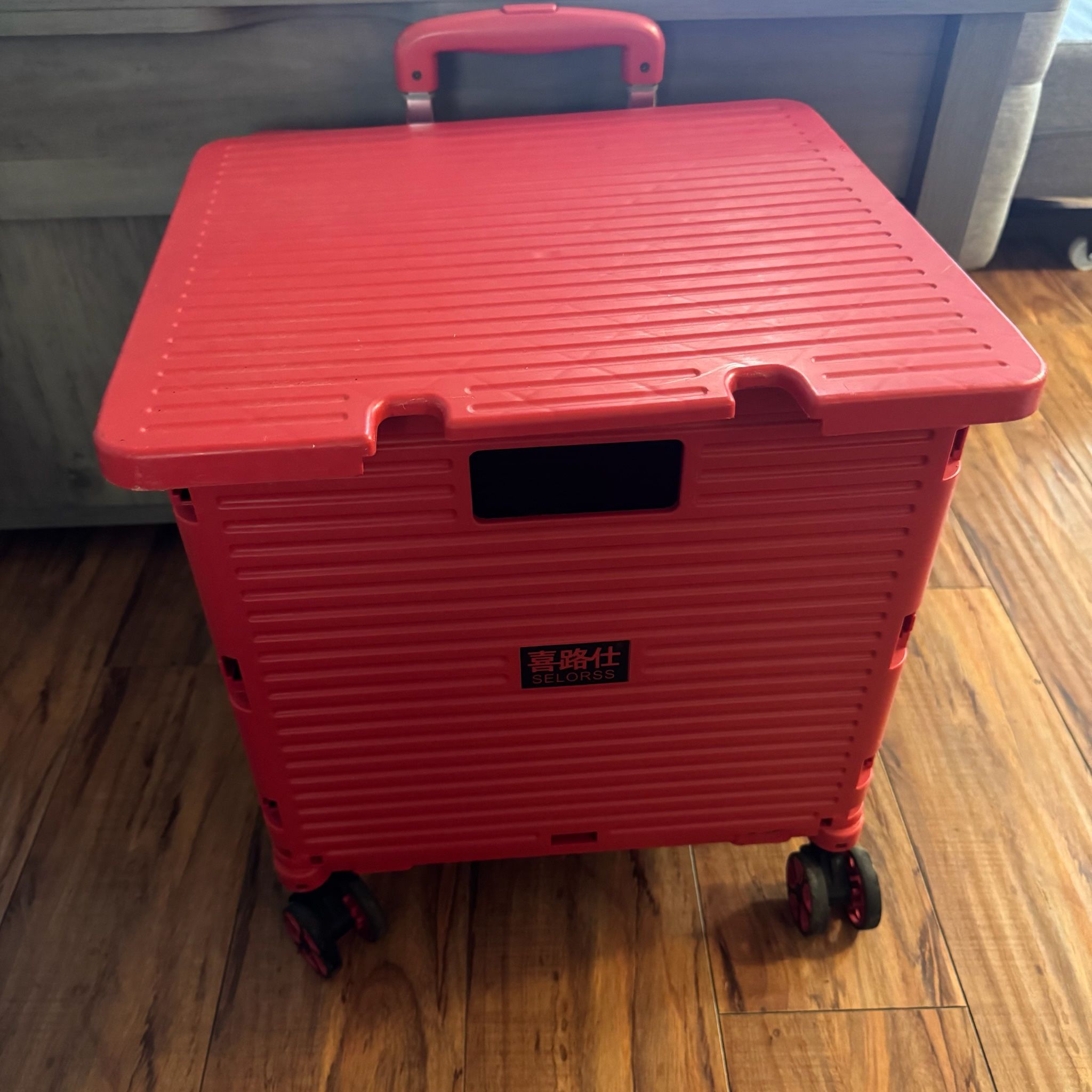 SELORSS Red Portable Collapsible Rolling Utility Crate Cart with Lid