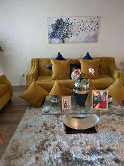 Mustard Yellow Velvet Tufted Sofa with Nailhead Trim