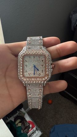 Iced Out Cartier Santos-Style Watch with Arabic Numerals
